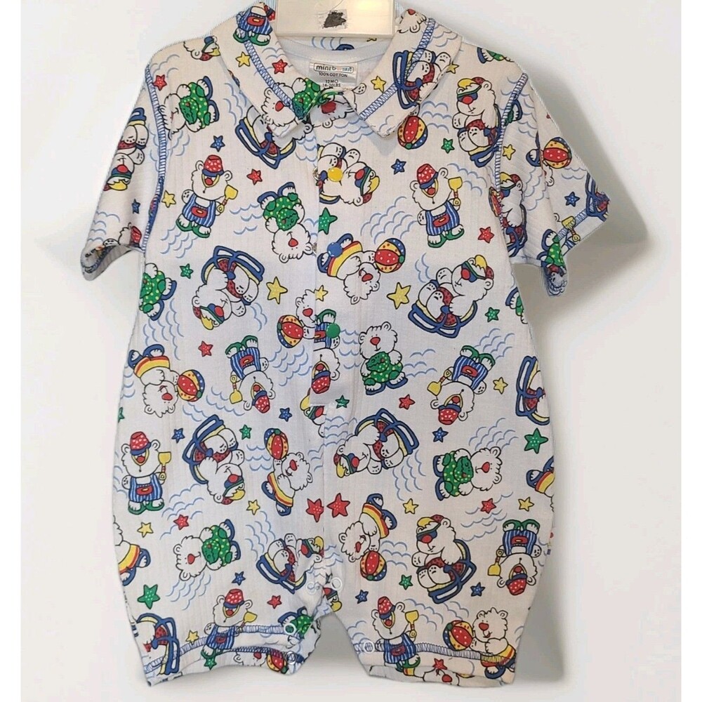 VTG One Piece Boys Jumpsuit Romper Bear Beach 12 Months Colorful Snaps 1996